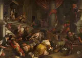 Christ expelling the Money Lenders from the Temple by Leandro dal Ponte, called Leandro Bassano, studio of, Oil on canvas (relined), sold May 2022
