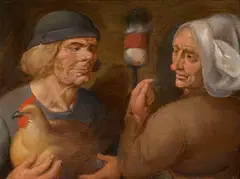 Marten van Cleve, Couple with a Spindle and a Hen, Oil on panel (parquetted)