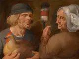 Marten van Cleve, Couple with a Spindle and a Hen, Oil on panel (parquetted)