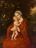 Bruges School second half 16th century, Madonna embraced by the Christ Child in front of a Rose Bush, Oil on panel (parquetted)