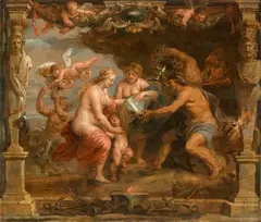 Thetis Recieving Weapons for Achilles by Erasmus Quellinus II, Oil on paper on panel, sold May 2022