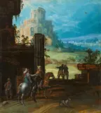 Willem van Nieulandt II, Capriccio with Temple of Vesta in Tivoli and Riders in the Foreground, Oil on panel