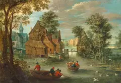 Marten Ryckaert, Farming Village by a River in Flanders, Oil on copper