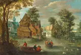 Marten Ryckaert, Farming Village by a River in Flanders, Oil on copper