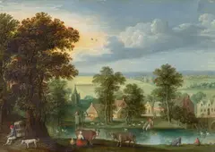 Marten Ryckaert, Pastoral River Landscape, Oil on copper