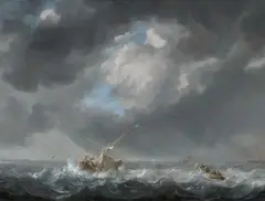 A Sailing Boat, a Rowing Boat and other Ships on Rough Seas by a Pier by Julius Porcellis, Oil on panel, sold May 2022