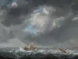 Julius Porcellis, A Sailing Boat, a Rowing Boat and other Ships on Rough Seas by a Pier, Oil on panel