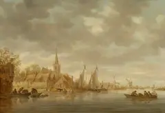 Jan van Goyen, River Landscape with a Tower, Village and Windmill, Oil on panel (parquetted)
