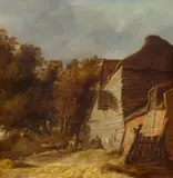 attributed to Jan van Goyen, Peasants by a thatched Farmstead, Oil on panel