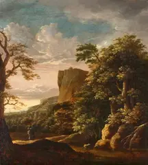 Cornelis Matthieu, Southern Landscape with a River and a Traveller, Oil on panel