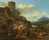 Southern Landscape with Shepherds and their Flocks by Nicolaes Pieterszoon Berchem, Oil on canvas (relined), sold May 2022