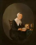 Quiringh van Brekelenkam, Portrait of a Lady reading at a Table with a Skull, Oil on panel