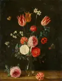 Jan van Kessel the Elder, Tulips and Roses in a Glass Vase, Oil on panel