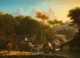 Karel Dujardin, Horse Cart crossing a Ford in a wooded Mediterranean Landscape