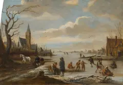 Salomon Rombouts, Ice Skaters and a Cart on a Frozen Canal, Oil on panel