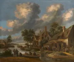 Thomas Heeremans, Peasants and Boats by an Inn on a River Bank, Oil on canvas (relined)