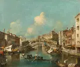 The Grand Canal with the Rialto Bridge by circle of Giacomo Guardi, Venetian School 19th century, Oil on canvas (relined), offered May 2022