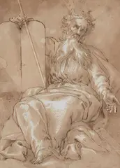 attributed to Abraham Bloemaert, Moses with the Tablets of the Law, Pen in brown, heightened with white