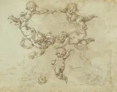 Prague School, Putti with a Crown and an Incense Burner, Black chalk, pen in brown