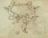 Prague School, Putti with a Crown and an Incense Burner, Black chalk, pen in brown