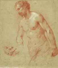 Flemish School 17th century, Male Nude and Study of a Hand, Red and white chalk on tinted paper