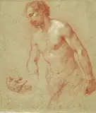 Flemish School 17th century, Male Nude and Study of a Hand, Red and white chalk on tinted paper