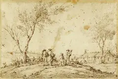 attributed to Esaias van de Velde, Landscape with Figures and a Cottage, Pen in brown on parchment