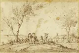attributed to Esaias van de Velde, Landscape with Figures and a Cottage, Pen in brown on parchment