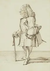 Pier Leone Ghezzi, Caricature of Monsieur Jean Francois de Gervasy, Black chalk, pen in brown, laid down on a sheet with a pale blue wash and framing outlines