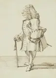 Pier Leone Ghezzi, Caricature of Monsieur Jean Francois de Gervasy, Black chalk, pen in brown, laid down on a sheet with a pale blue wash and framing outlines