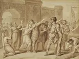 attributed to Gaetano Gandolfi, Hercules, Orpheus and Jason departing for the Voyage of the Argonauts, Pen and brush in brown