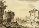 Adrian Zingg, Southern Landscape with Ruins, Peasants and Pack Mules, Pen and brush in grey