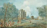 Jacques-Francois Bouchot, Boulle Players in the Park of the Paris Observatory, Pen in brown and watercolour