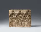 German 14th century, A stone relief with Christ and the Twelve Apostles, Germany, 14th century, Presumably sandstone, with remnants of former polychromy. High relief depicting Christ in the centre, raising a chalice and with His hand held aloft in a blessing, surrounded the the Twelve Apostles. Peter is depicted directly beside Christ with the keys, and Saint John can be recognised by his youthful, beardless appearance. The figures are depicted before Gothic arches. Minor wear and traces of weathering, otherwise in good condition