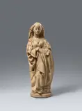 Landshut around 1485, A terracotta figure of a female saint, Landshut, around 1485, Worked in the round, the interior hollow. With remnants of the original polychromy. Depicting a female saint standing in a gently swaying pose on a tiered pedestal, designed for a frontal viewpoint. The loss of the figure's crown and hands has meant that the identifying attribute, too, is now missing. Her graceful pose is accentuated by the lively drapery of the robes, and the fact that the figure was sculpted from terrcotta also allowed for a high degree of detail in the rendering of the facial features, hair and costume. The finely worked sculpture was produced in a Landshut studio specialising in the production of works in clay and can be dated to around 1485 based on comparison with other figures from this workshop. The left forearm and parts of the right hand lost. Minor wear throughout. Five small drilled holes on the sides and the back of the head and veil, presumably mounting holes for a (now missing) crown