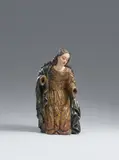 Iberisch-Kolonial 18th century, An 18th century Iberian-Colonial carved wood figure of the Virgin from a Nativity scene, Carved in the round. With glass eyes. With presumably original older polychromy. A figure of the kneeling Virgin facing towards the right and looking downwards, originally from a multiple-figure depiction of the Nativity. According to the family of the present owner, the figure originates from Quito in Ecuador. The loosely attatched hands lost. Minor wear throughout