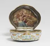 Christian Frederich Herold, An "émail de saxe" snuff box, Polychrome and white enamel on copper, relief gilding, black and pale blue counter enamel, gouache on parchment (?) under glass, vermeil mountings. Decorated with river landscapes in reserves amid fruit garlands, baskets of flowers, and putti; the lid with four children making music. Minor wear to the exterior, minor losses to the gilding, the counter enamel with more severe wear, the miniature with moisture damage. H 3, W 7.5, D