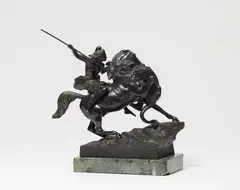 August Kiss, A cast bronze figure of an Amazon on horseback, Cast bronze with black patina, green marble base. A reduced version of the bronze group of an Amazon fighting a panther. The speer loosely attached. Unmarked. Slight wear to the patina. Minor chips to the base. H
