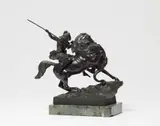 August Kiss, A cast bronze figure of an Amazon on horseback, Cast bronze with black patina, green marble base. A reduced version of the bronze group of an Amazon fighting a panther. The speer loosely attached. Unmarked. Slight wear to the patina. Minor chips to the base. H