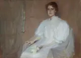 Portrait of a Lady in a White Dress, presumably a Self Portrait by Ernestina Schultze-Naumburg, Oil on canvas, offered May 2022