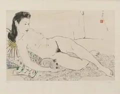 Pan Yuliang, Nude with a cat. Lithograph, 115/125. Signed Yuliang, dated 43 and sealed Yuliang., Nude with a cat. Lithograph, 115/125. Signed Yuliang, dated 43 and sealed Yuliang