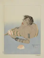 Paul Jacoulet, Femme de Falalap et coquillages. Reclining tattooed woman with shells., Out of the Série mollusques. Signed in pencil: Paul Jacoulet. Mandarin duck seal. Block carver: Yamagishi Kazuo. Edn. 39/150. July 5, 1935. In addition: A publication by Florence Wells on Paul Jacoulet and two further woodcut print books. Very good impression, mica, yellowed, some creases mostly in the margins