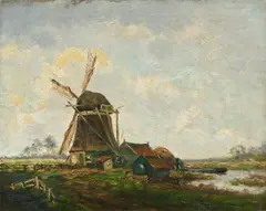Paul Baum, Windmühle und Katen an einem Flusslauf, 1886, Oil on canvas