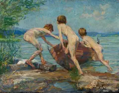 Christian Landenberger, Badende Kaben mit Ruderboot, Circa 1908/1910, Oil on canvas