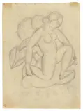 Franz Marc, Kniender Mädchenakt vor stilisierten Pflanzen, 1912, Pencil on glassine paper