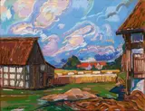 Peter August Böckstiegel, Westfälische Bauernhöfe (Blick auf den Hof Sundermann), 1940, Pastel on firm paper, mounted on card