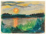 Max Pechstein, Am See (Sonnenuntergang am Koser See), 1941, Coloured crayon drawing on smooth drawing paper mit perforated upper margin