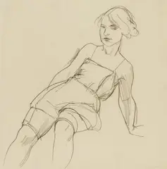 Rudolf Schlichter, Junges Mädchen in Hemd und Strümpfen, Circa 1923, Charcoal drawing on fine chamois-coloured paper