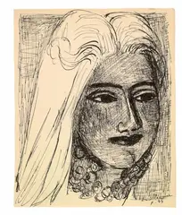 Max Beckmann, Frauenkopf mit Halskette (Female Head with Necklace), 1944, Black pen and ink drawing over pencil on cream-coloured ribbed laid paper