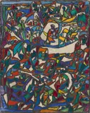Adolf Hölzel, Komposition (Figurengruppe mit Häusern), Circa 1927/1928, Pastel on thin transparent paper